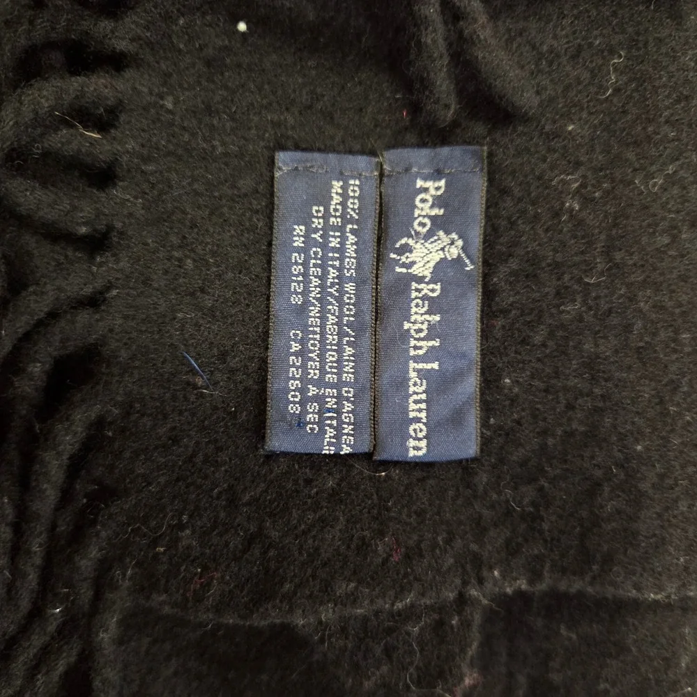 Polo Ralph Lauren Scarf Black 100% Lambswool Purple Pony Logo Made in Italy